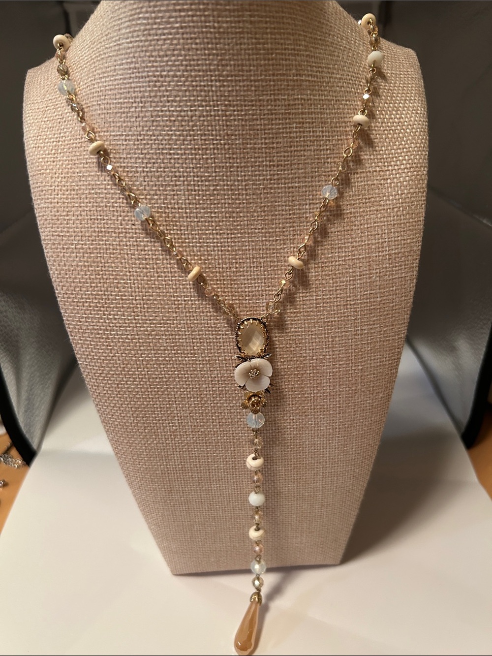 Lonna and Lily Y shaped necklace faceted beads floral gold tone cottage core